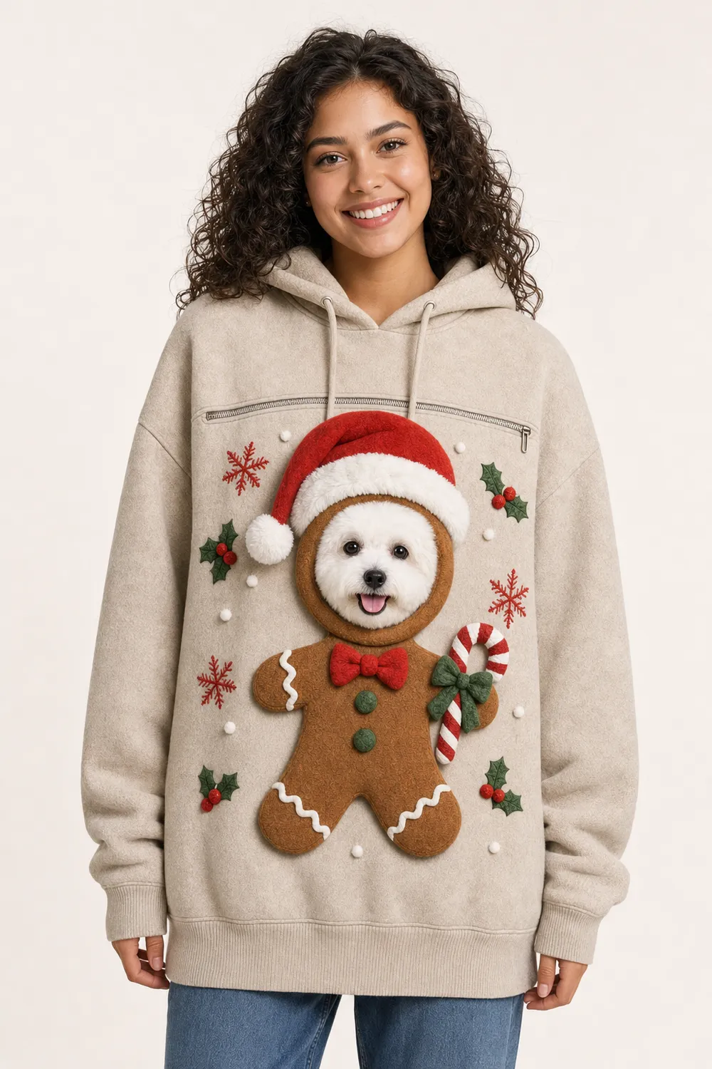 The gingerbread hoodie worn with a puppy peeking out