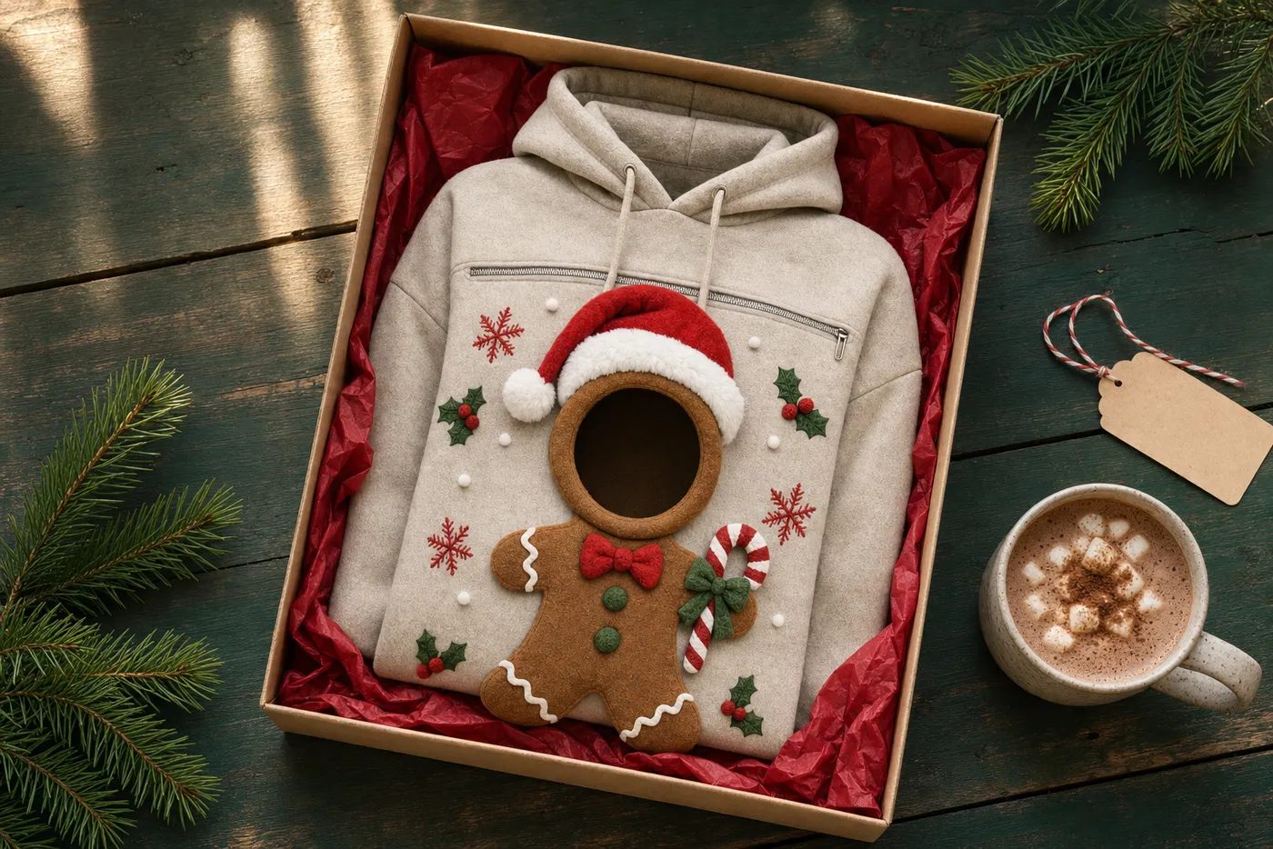 The gingerbread hoodie folded in a kraft box with red tissue paper