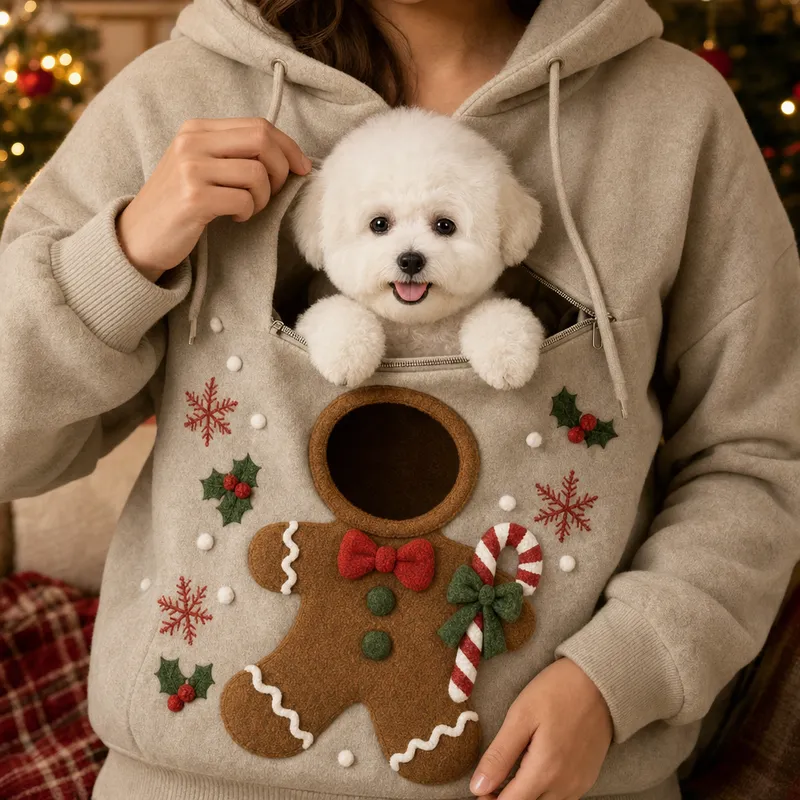 A puppy being lowered into the open chest zipper