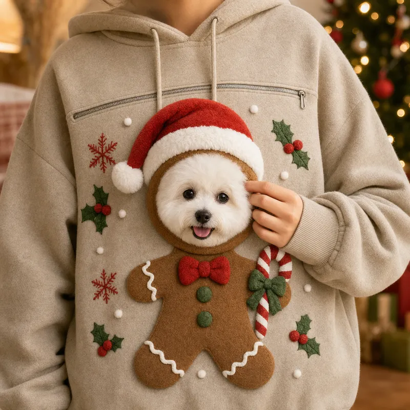 The puppy's head peeking out of the gingerbread design