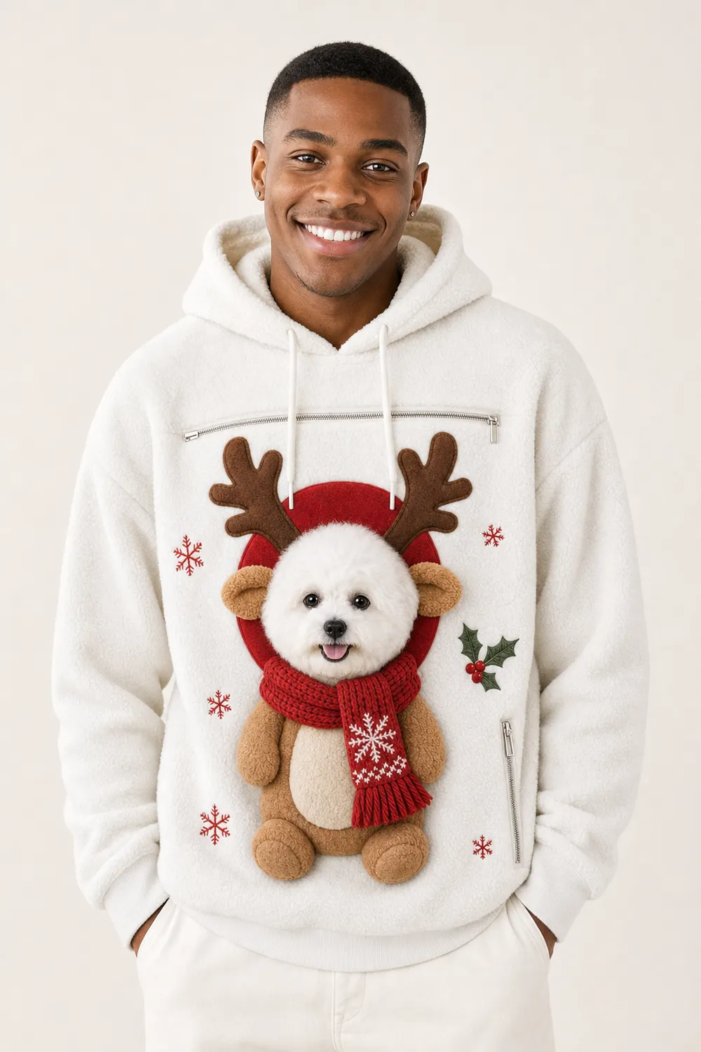 The reindeer hoodie worn with a puppy peeking out